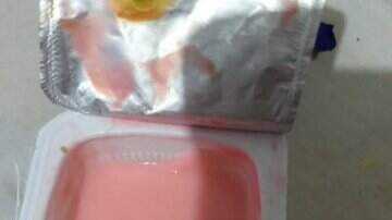 Imagem anexada ao processo mostra iogurte com corpo estranho amarelado - Reprodução