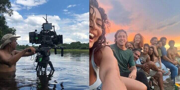 Cinegrafista Jota Passos gravando a novela em MS e os atores apreciando o pôr do sol sul-mato-grossense
