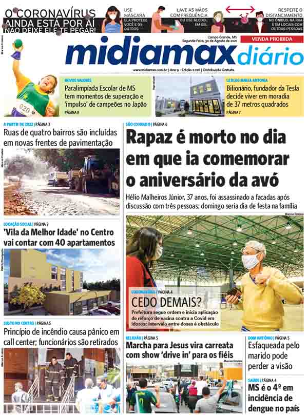 Confira a capa do Midiamax Diário desta segunda-feira, 30 de agosto de 2021