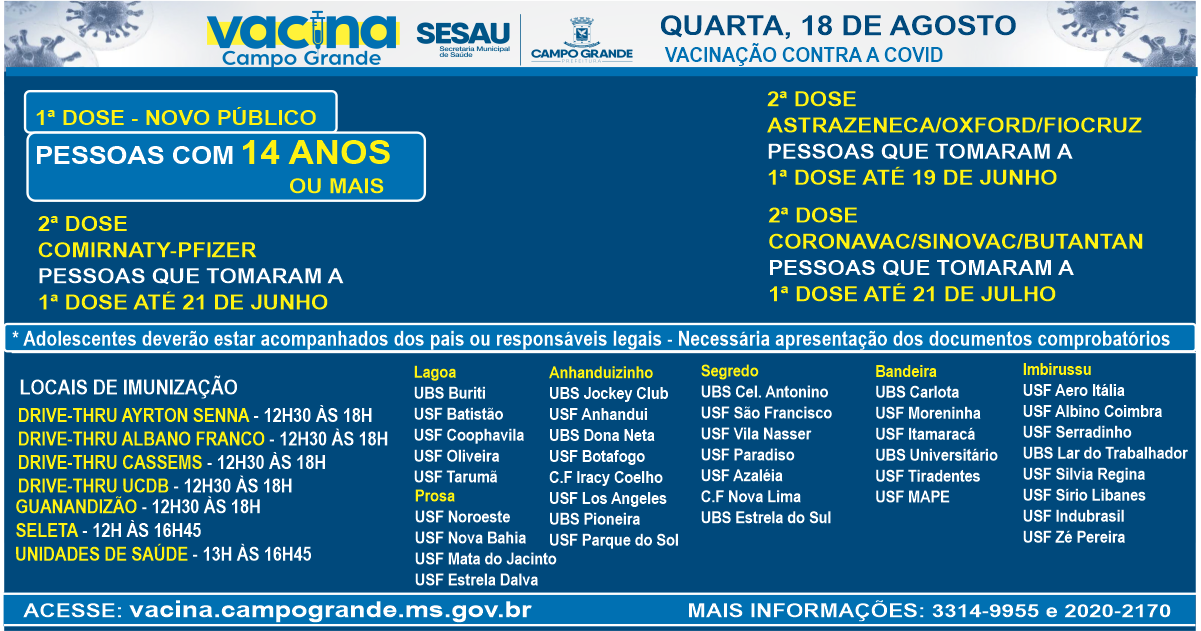calendario 18 08 - Campo Grande abre vacinação para pessoas com 14 anos ou mais nesta quarta