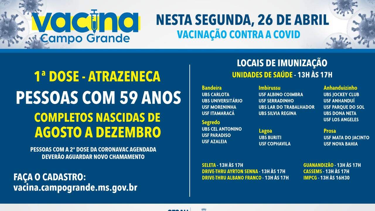 calendario vacina 2604 - Campo Grande segue com vacinação a pessoas com 59 anos nesta segunda-feira; confira locais