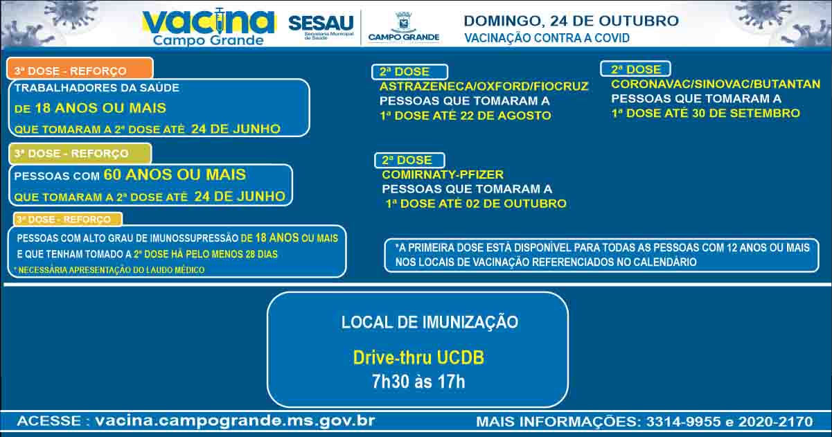 calendario vacina cg2410 - Campo Grande tem apenas um ponto de vacinação contra covid neste domingo; veja quem recebe doses