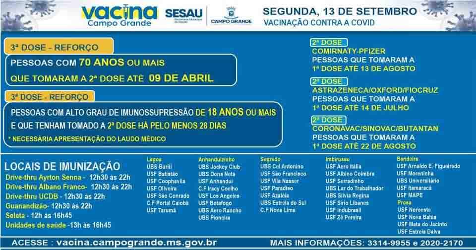 calendario vacinacg 1309 - Confira quem pode receber 2ª e 3ª dose de vacina contra covid nesta segunda-feira em Campo Grande