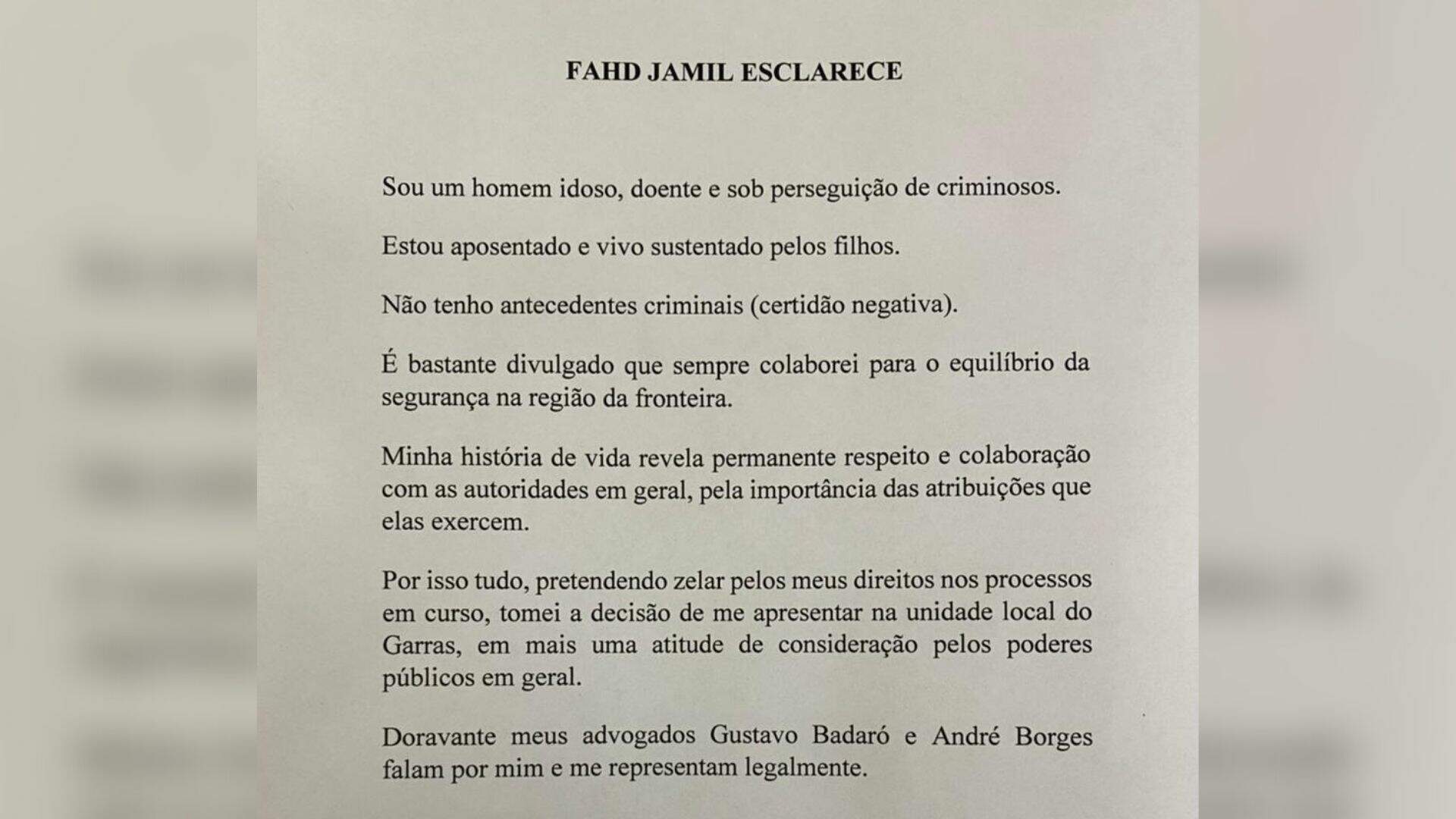carta fahd - Indiciado na Omertà, Fahd Jamil se entrega à polícia em aeroporto de Campo Grande
