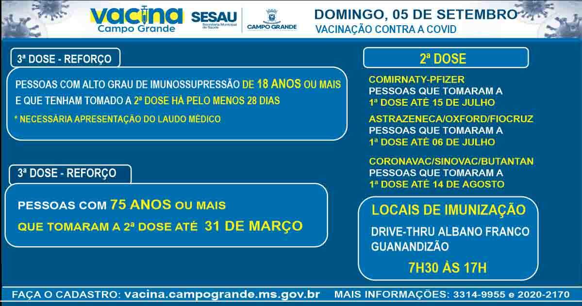 cronograma vacinacao dia0409 - Confira o calendário de vacinação de 2ª e 3ª dose contra covid para este domingo em Campo Grande