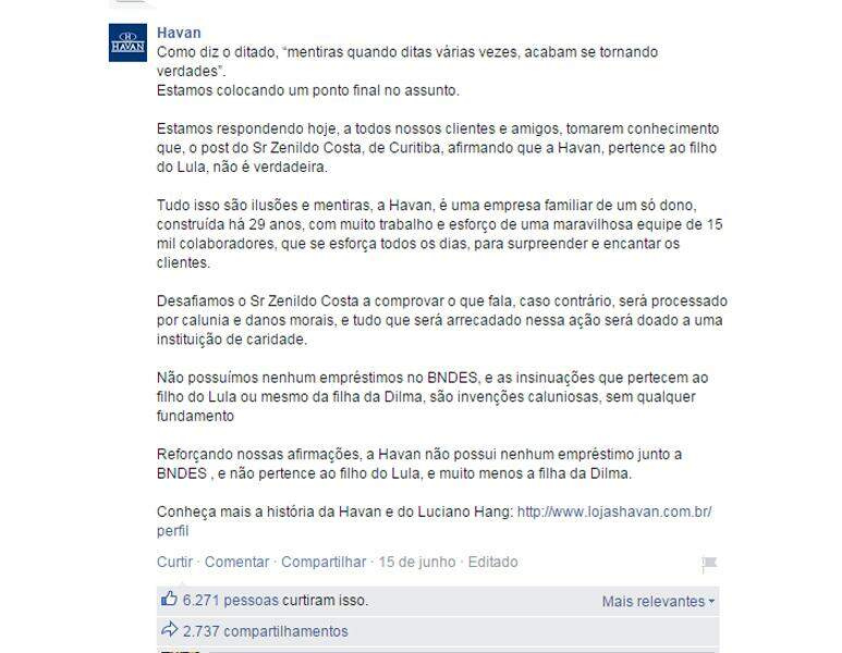 Com lojas em Campo Grande, Havan nega que empresa seja do filho de Lula