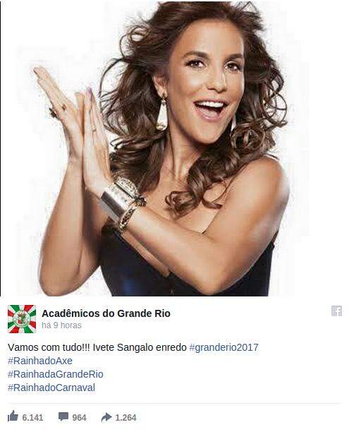 Ivete Sangalo será homenageada pela Grande Rio no Carnaval 2017