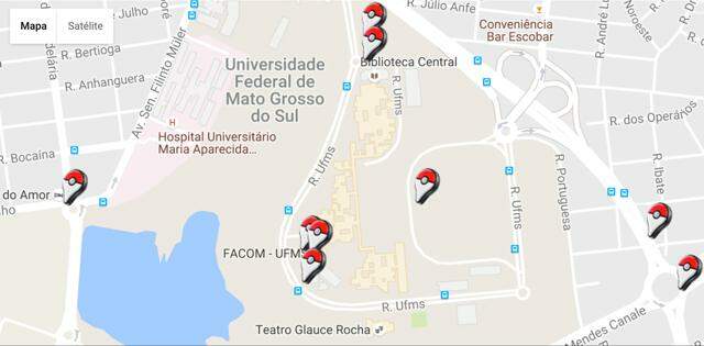 UFMS, Cidade Universitária e Lago do Amor (Reprodução/MapaPokémonGo)