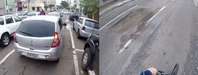  Ciclista furando semáforo / Direita: Buraco no meio da rua