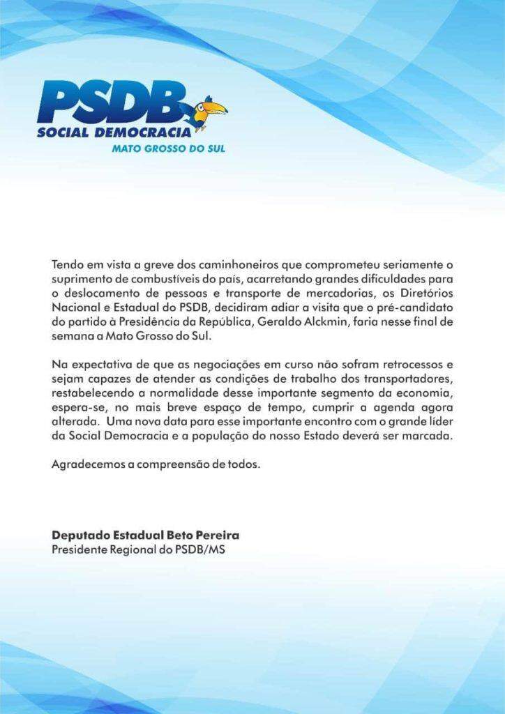 Greve dos caminhoneiros faz Geraldo Alckmin cancelar viagem a MS