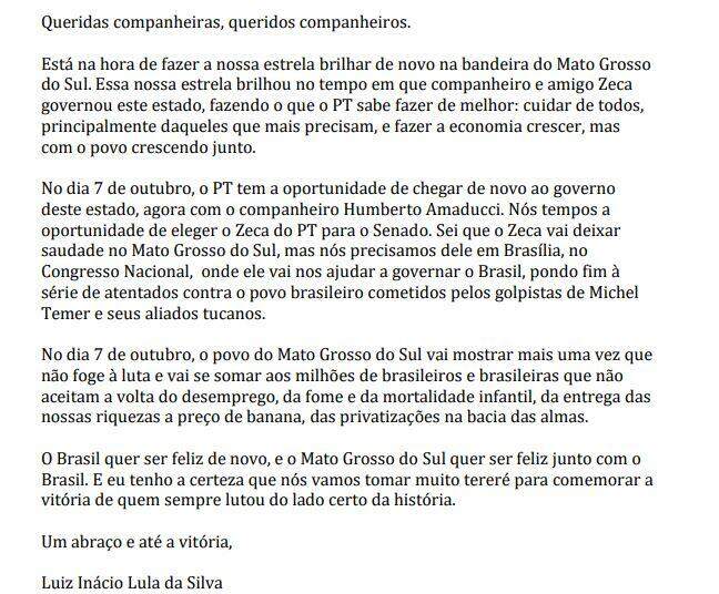 Em carta para MS, Lula chama tucanos de golpistas e pede votos para petistas