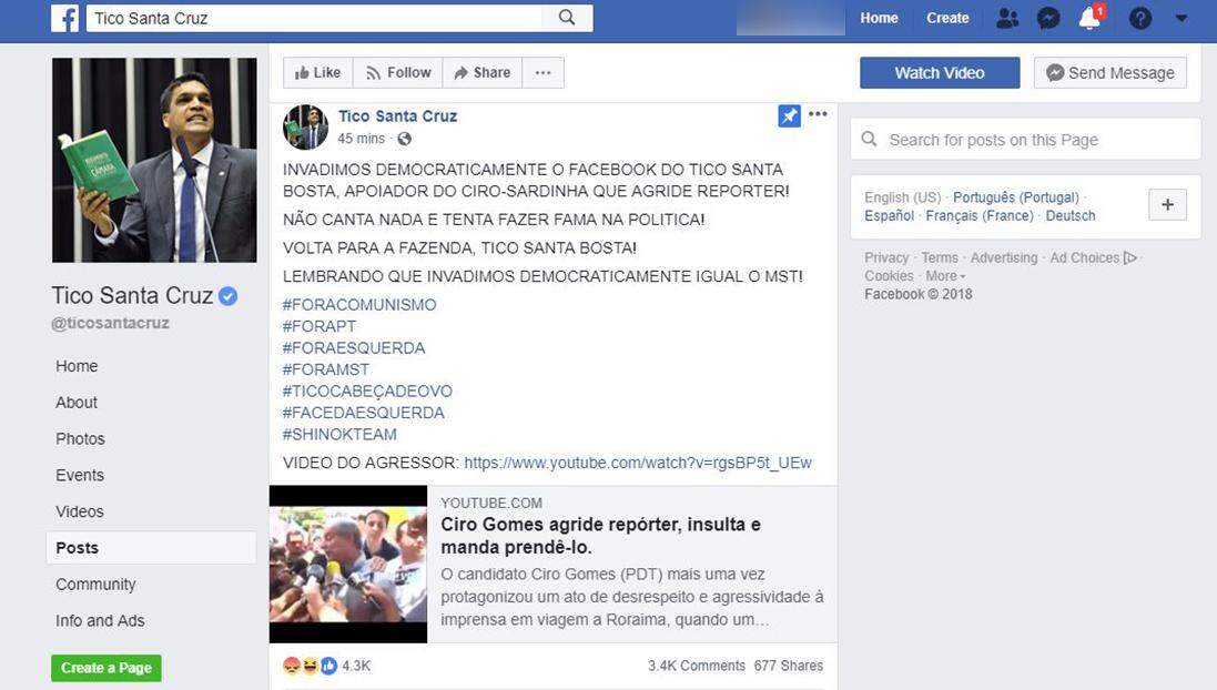 Página de Tico Santa Cruz no Facebook é invadida ‘democraticamente’