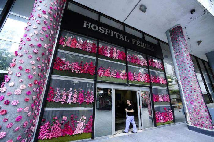Rosas de crochê enfeitam fachada de hospital feminino.