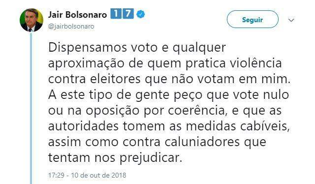Após morte e agressões, Bolsonaro diz dispensar voto de quem pratica violência