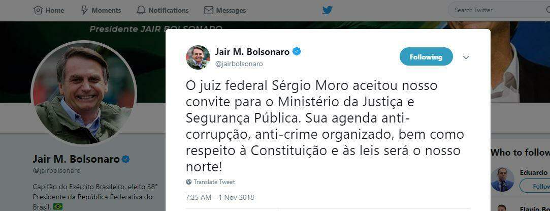 Pelo Twitter, Bolsonaro confirma Sérgio Moro como Ministro da Justiça e Segurança