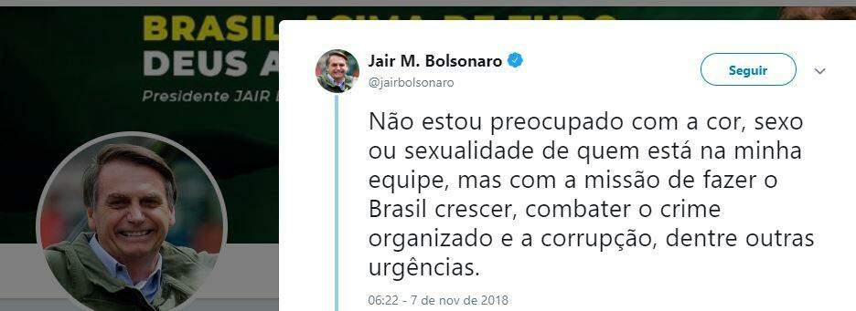 Bolsonaro responde a críticas por falta de mulheres e gays na equipe: ‘outras urgências’