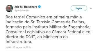 Ex-diretor do Dnit,Tarcísio Gomes de Freitas, será ministro da Infraestrutura no governo Bolsonaro