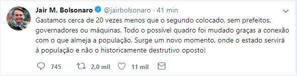 Bolsonaro celebra vitória sem usar “máquina” pública e diz que Estado servirá à população