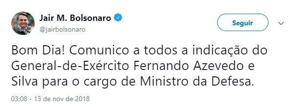 Bolsonaro anuncia General Fernando Azevedo e Silva para Ministério da Defesa