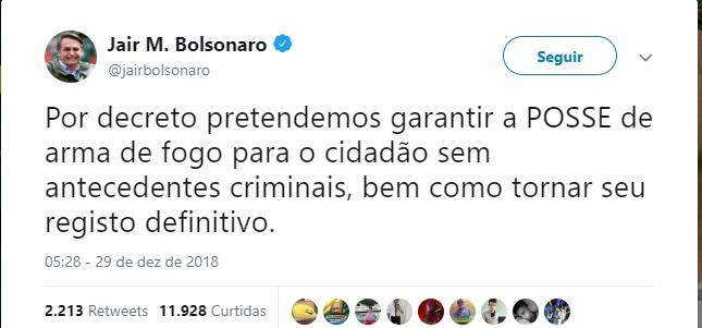 Bolsonaro anuncia que pretende liberar posse de armas 'ao cidadão sem antecedentes criminais'