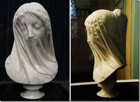 Escultura em pedra que parece feita de tecido. Giovanni Strazza, "Virgem Maria", 1850.