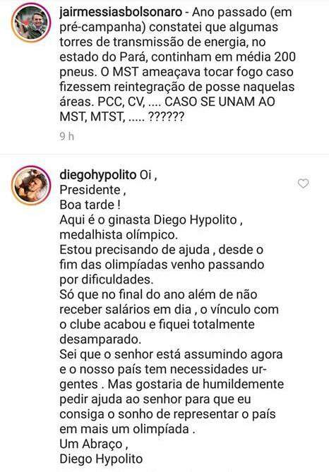 Sem receber, medalhista olímpico Diego Hypólito faz pedido para Bolsonaro