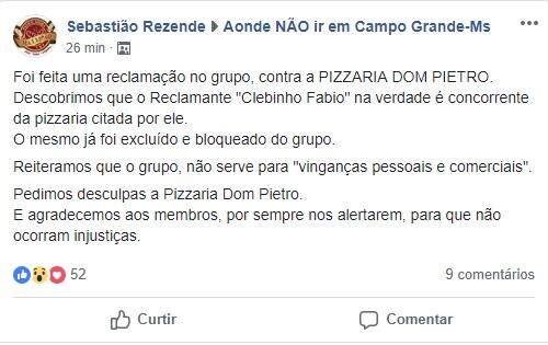 Concorrente 'arma' reclamação contra pizzaria e é excluído em grupo de Campo Grande no Facebook