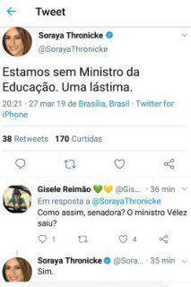 Senadora de MS anuncia queda de ministro e é desmentida por Bolsonaro