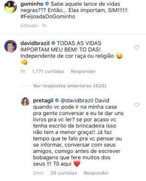 David Brazil e Preta Gil trocam farpas em comentários de rede social