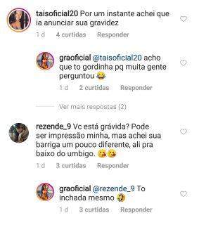 Fãs questionam gravidez e Gracyanne Barbosa responde: ‘Tô inchada mesmo’