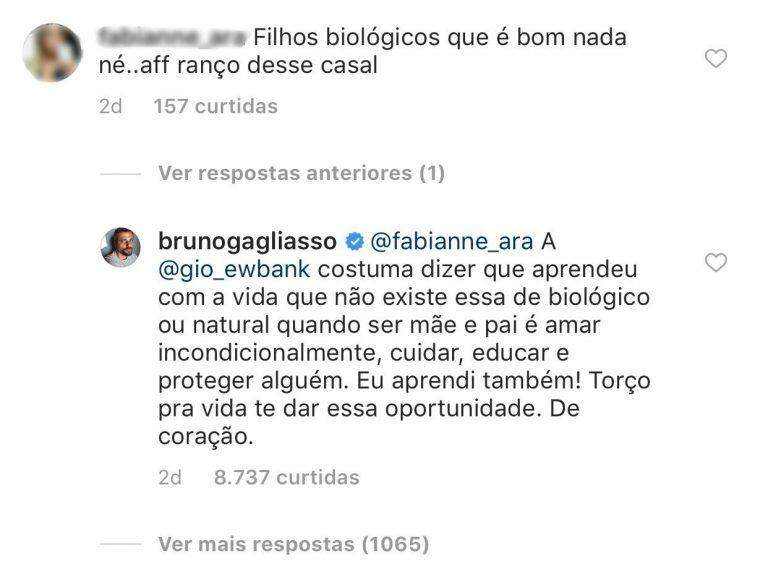 Bruno Gagliasso rebate comentário sobre não ter filhos biológicos