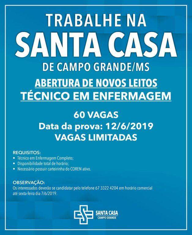 Santa Casa abre 60 vagas para técnico de enfermagem em Campo Grande