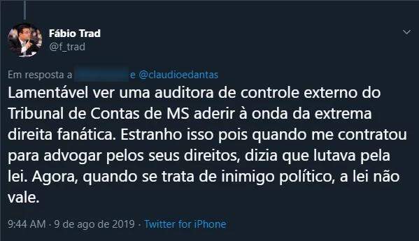 Fábio Trad e auditora do TCE-MS trocam farpas no Twitter em discussão sobre Lula e PT