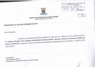 Lei que prevê orçamento de 2020 para Campo Grande chega à Câmara Municipal
