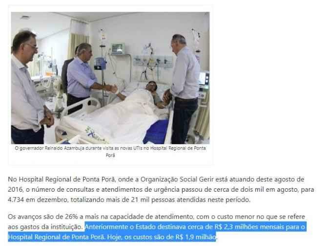 Governo de MS vai pagar R$ 269,9 milhões para Instituto Acqua assumir Hospital de Ponta Porã