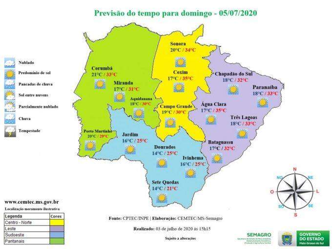 Frente fria perde força e previsão é de domingo ensolarado com altas temperaturas em todo MS