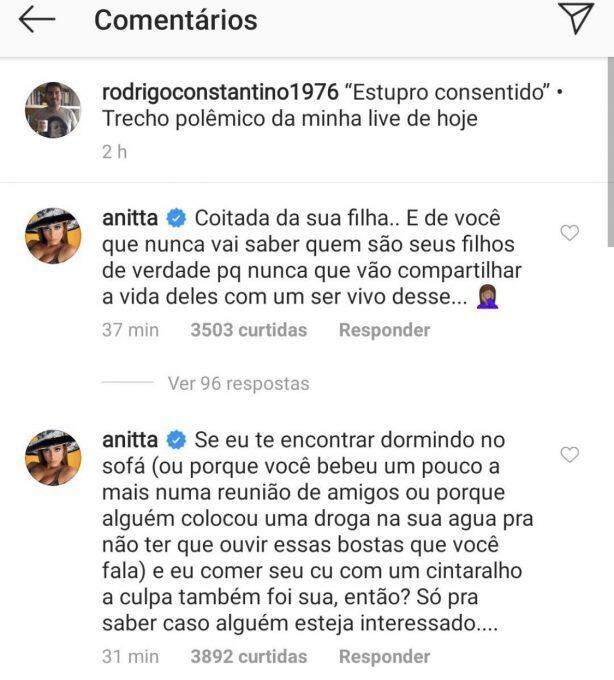 Anitta critica Rodrigo Constantino por fala sobre Mariana Ferrer