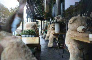 Ursos de pelúcia gigantes ocupam lugar de clientes em Brasserie parisiense.