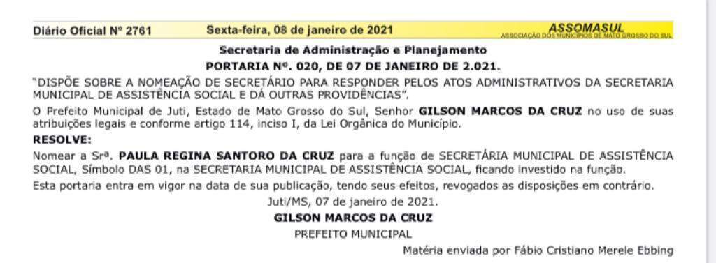 Prefeito de Juti nomeia própria esposa para Secretaria de Assistência Social