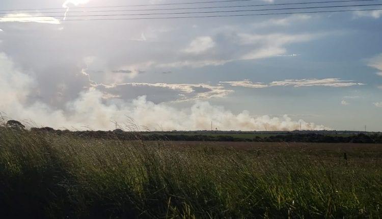 Incêndio atinge plantação de soja e se alastra em colheitadeira na saída para Sidrolândia