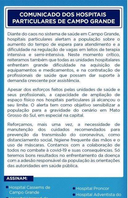 'Caos': Hospitais particulares dizem estar no limite e pedem apoio da população de Campo Grande