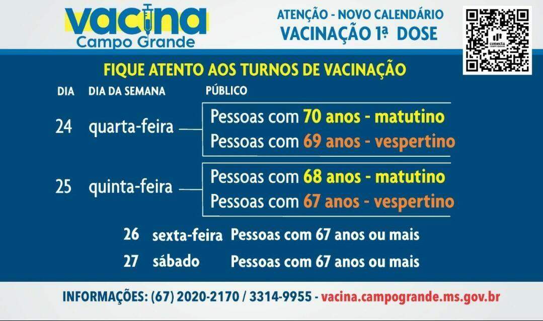 Campo Grande atualiza calendário e idosos de 67 a 70 anos serão vacinados nesta semana