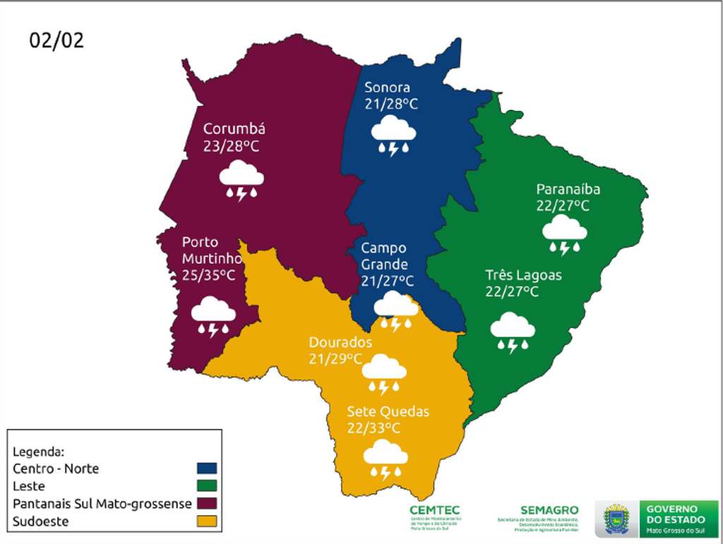 mapa tempo 02 - Instável, quarta será de sol e tempestades em Mato Grosso do Sul