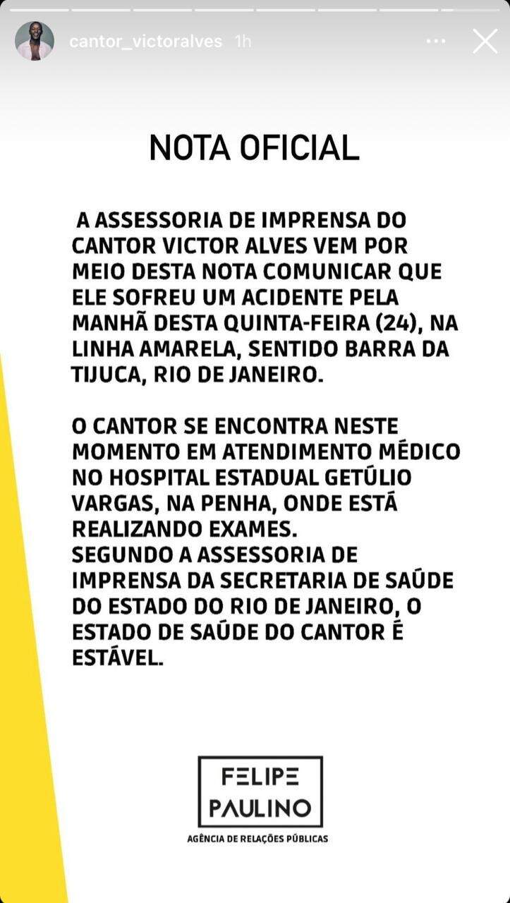 nota oficial - Campeão do 'The Voice Brasil' é hospitalizado após acidente no Rio