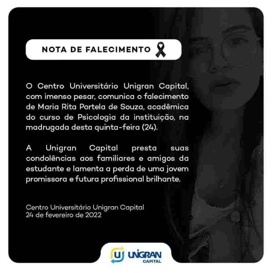 nota unigran - Morta após acidente em Campo Grande, Maria Rita se formaria em psicologia e deixa duas filhas