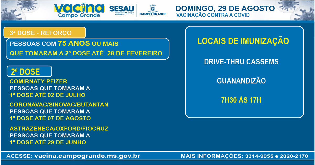 vacinacao domingo - Com apenas dois locais, vacinação neste domingo será de 2ª e 3ª dose em Campo Grande