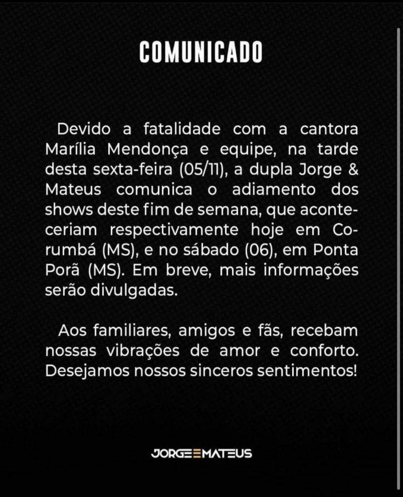 whatsapp image 2021 11 05 at 20.11.48 - Dupla Jorge & Mateus cancela shows em MS devido à morte de Marília Mendonça