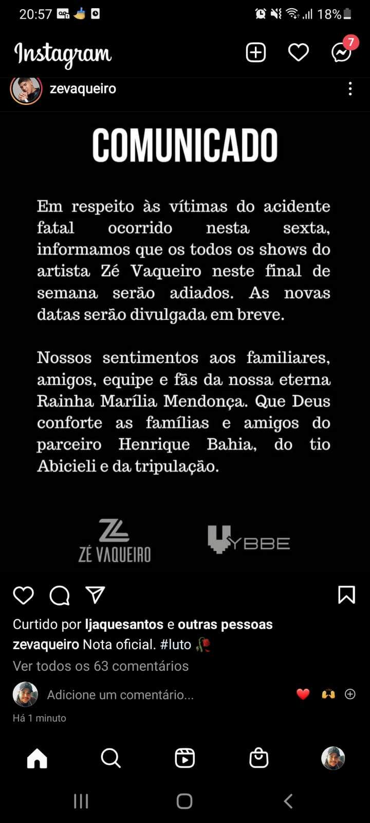 whatsapp image 2021 11 05 at 22.58.42 1 - Zé Vaqueiro também adia show em MS por causa da morte de Marília Mendonça
