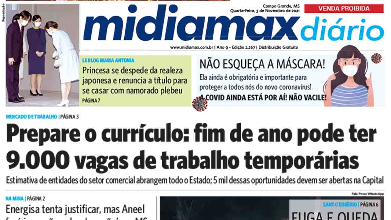 Confira a capa do Midiamax Diário desta quarta-feira, 3 de novembro de 2021