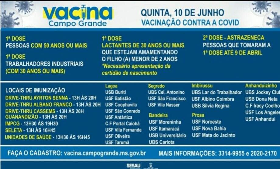 Pessoas com 50 anos podem se vacinar contra a covid-19 em Campo Grande nesta quinta